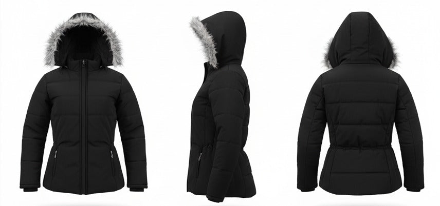 Black Winter Hooded Puffer Jacket with Faux Fur Trim
