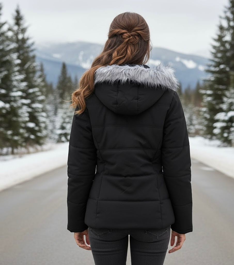 Black Winter Hooded Puffer Jacket with Faux Fur Trim